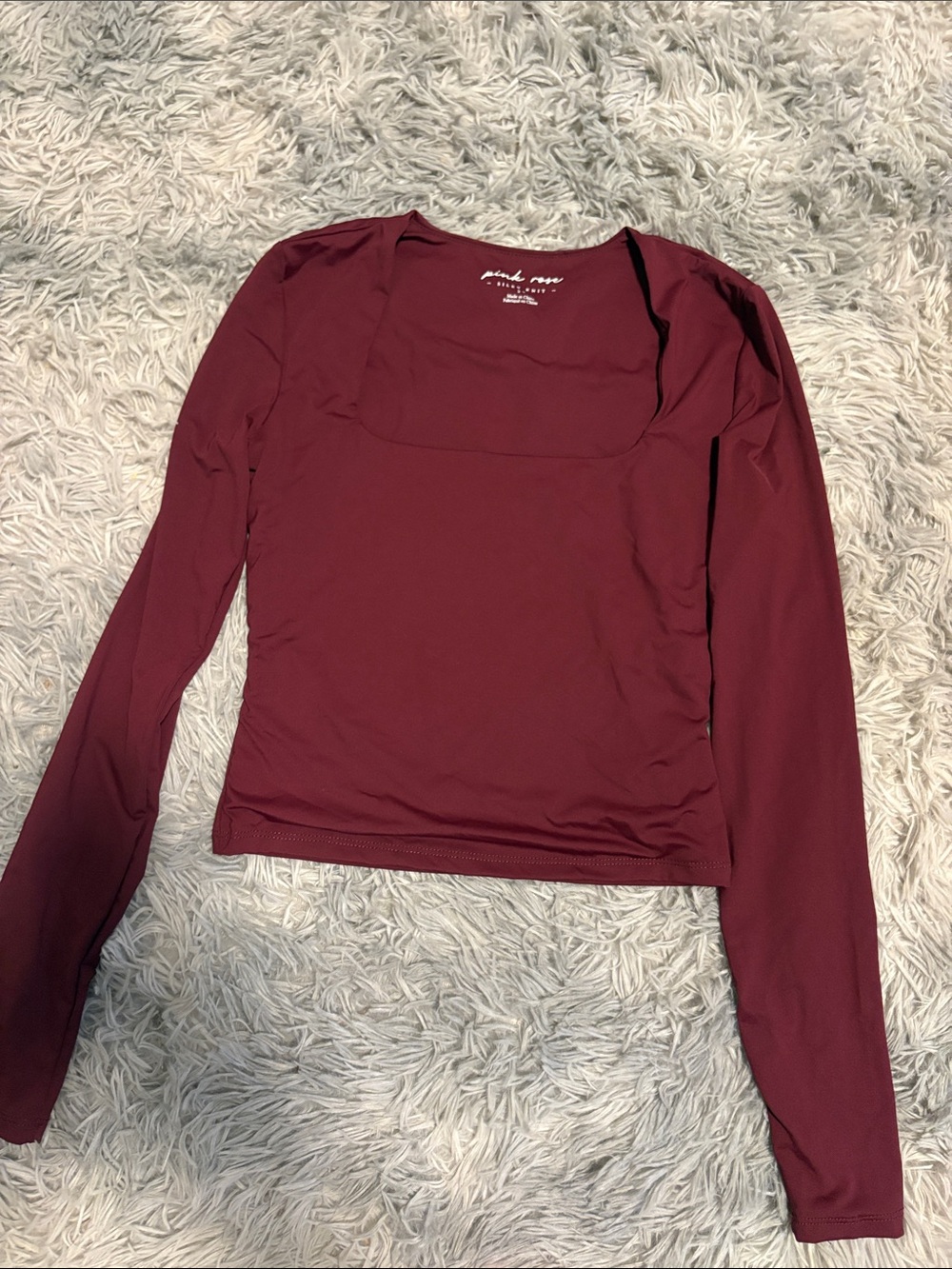 Pink Rose Burgundy Square Neck Long Sleeve Top